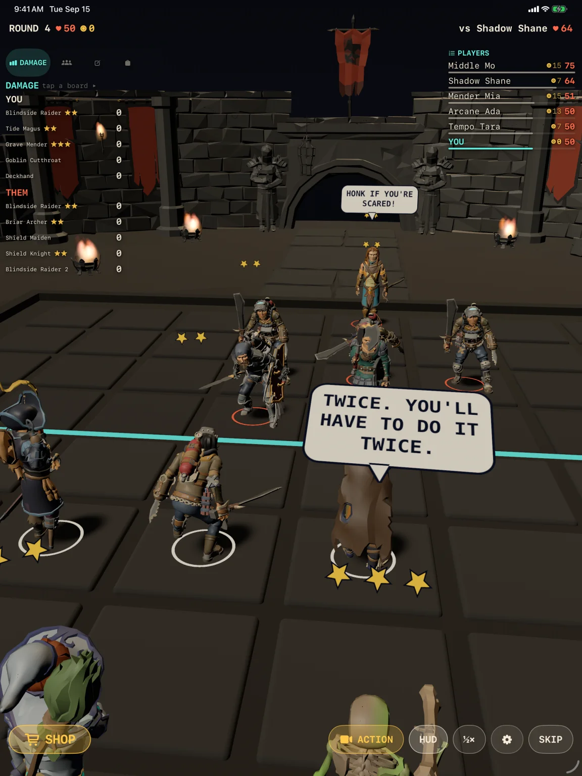 Champions clash on a stone chessboard inside a torchlit arena
