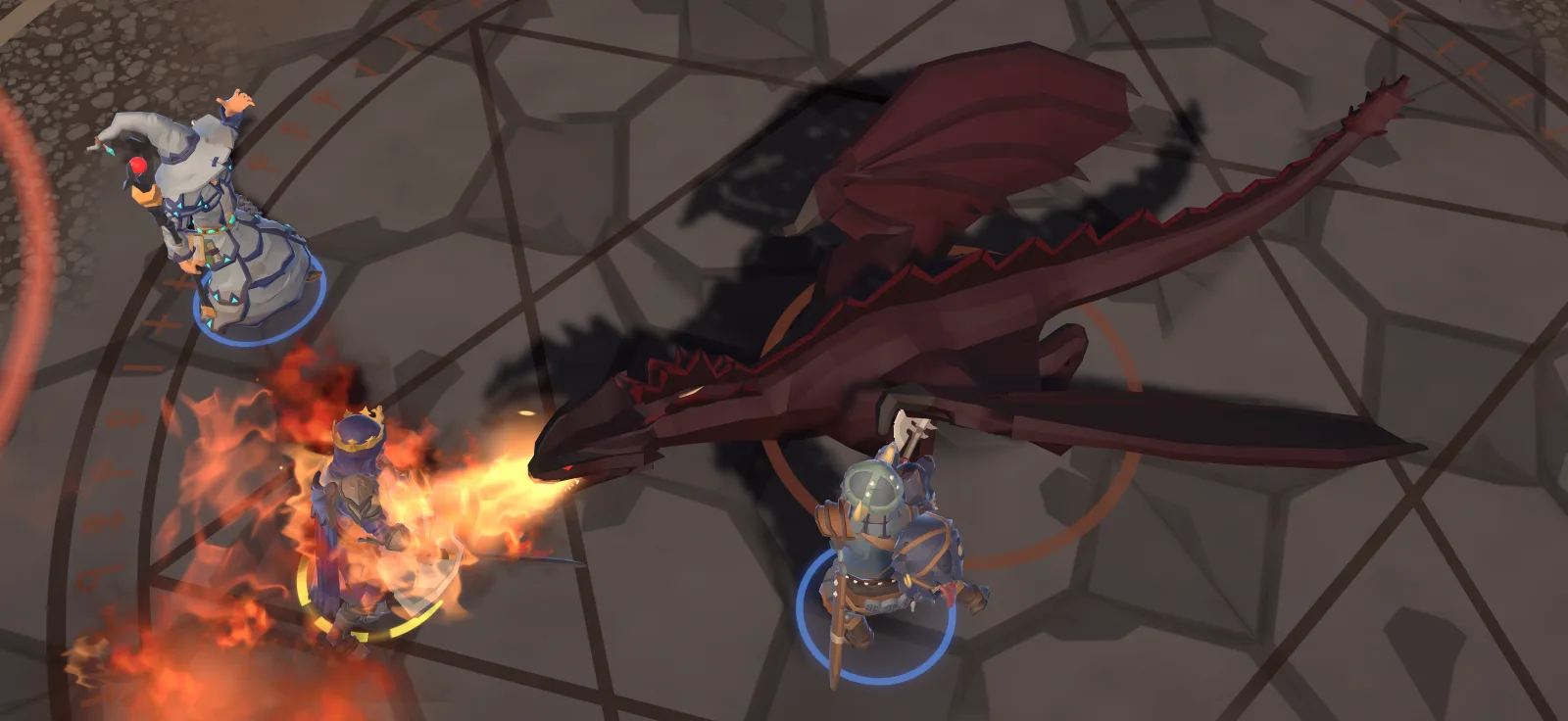 Blackspire's dragon, awake in its court, breathes fire on the Tower Knight while the Viking Berserker hacks at its flank and the Battlemage casts from behind.