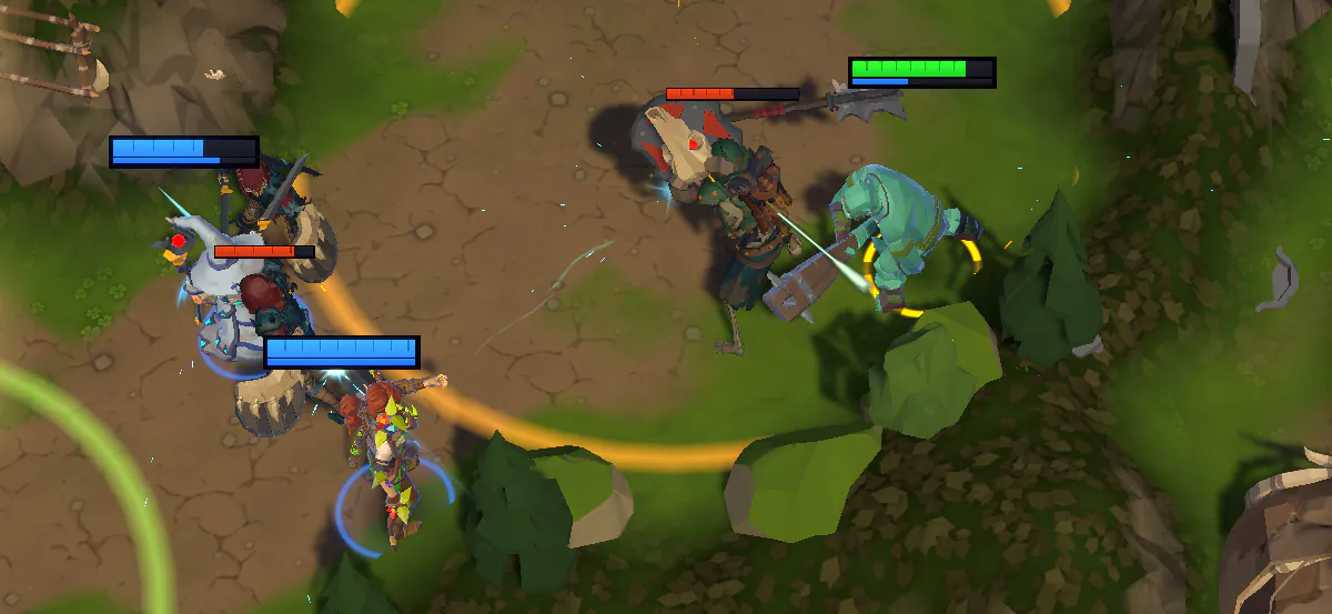 Three heroes trade blows with a camp's monsters on a dirt road between the trees, health bars over every head.