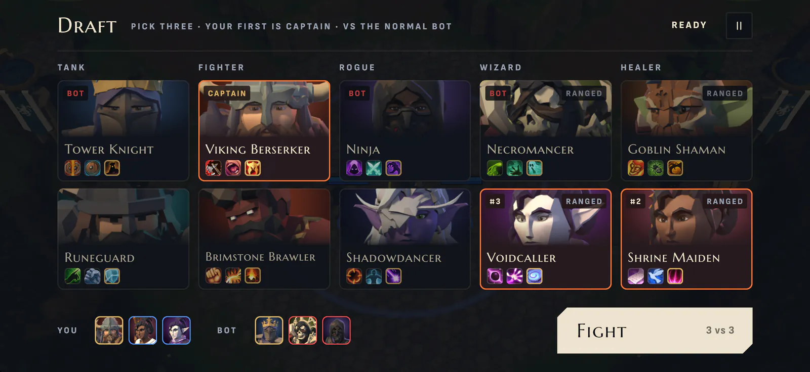 The draft screen: ten champions in five columns, tank, fighter, rogue, wizard and healer. The Viking Berserker leads, and both sides' three picks show along the bottom beside the Fight button.