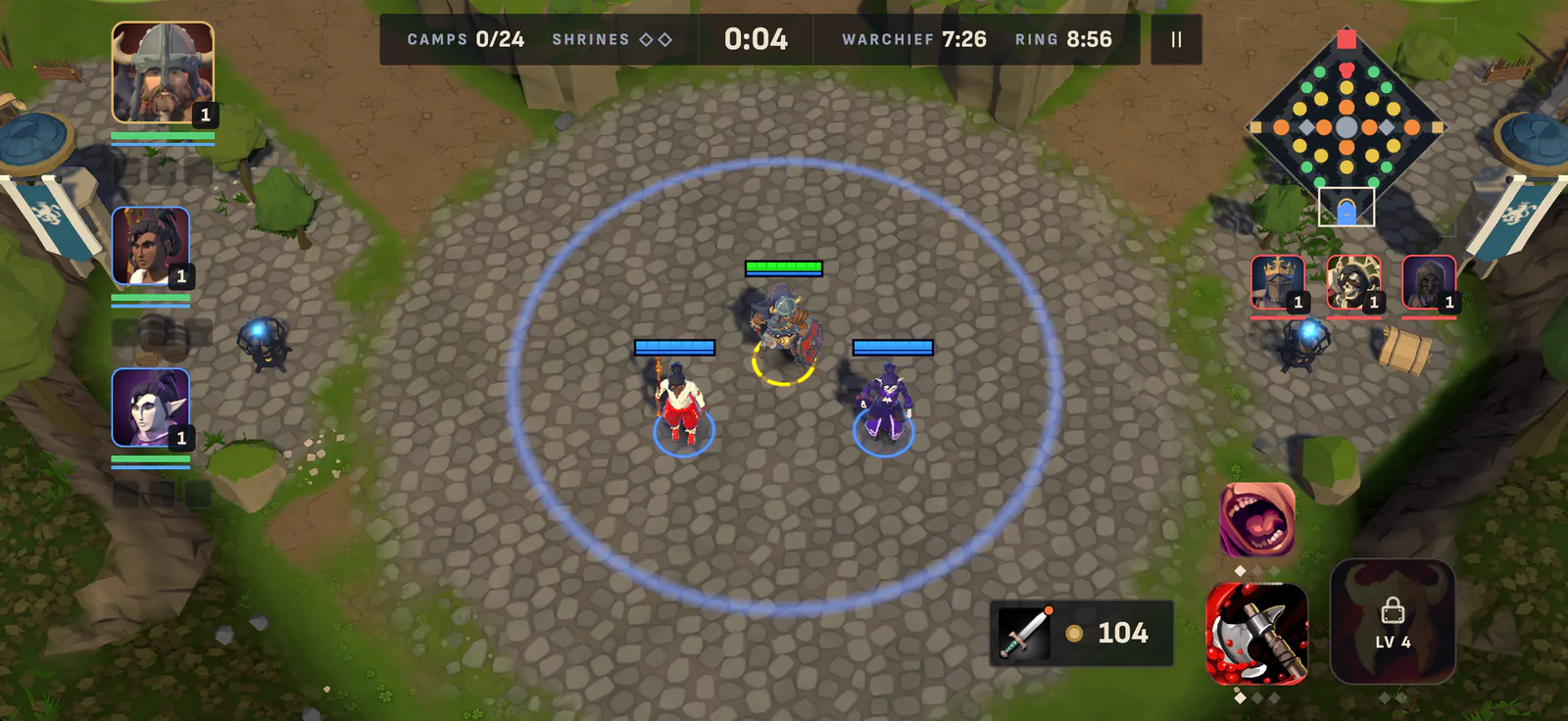 A match on iPhone, four seconds in: three heroes stand in their base on Crossroads. Their portraits are on the left; the clock, the camps and the boss's countdown along the top; the map and the enemy party on the right; abilities at the bottom right.
