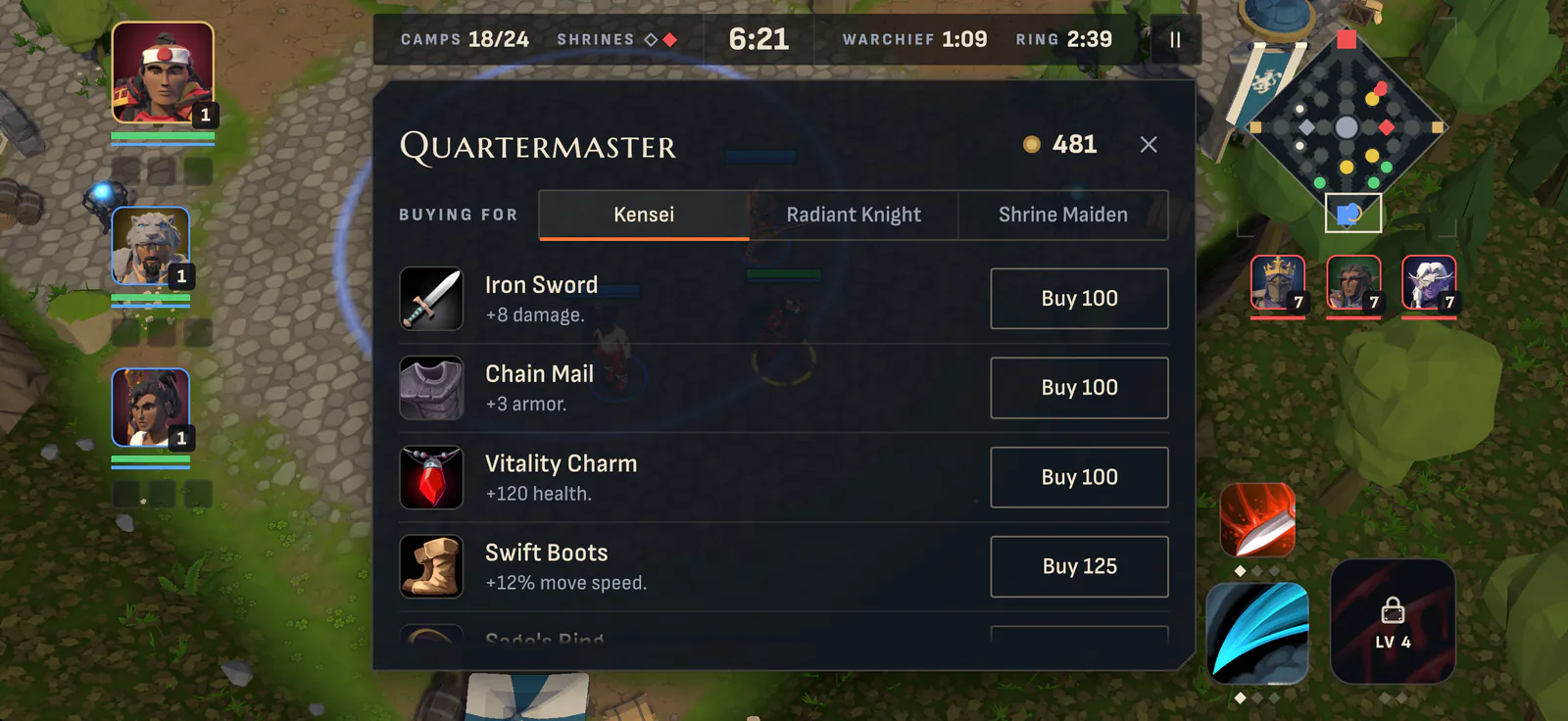 The Quartermaster's shop open mid-match, buying for one of three heroes: Iron Sword, Chain Mail, Vitality Charm and Swift Boots, with prices.